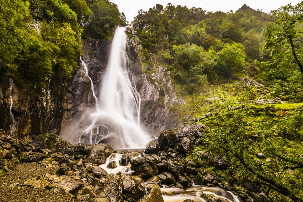 Long exposure of the Aber Falls in the autumn at Abergwyngregyn in Snowdonia, Wales