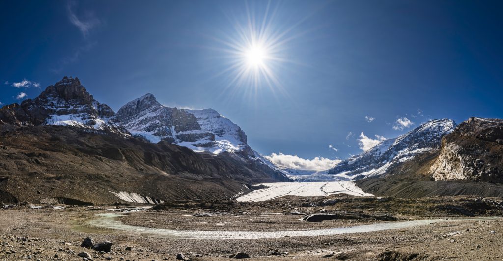 Panorama of the Athabasca Glacier on the Icefields Parkway in the Rocky Mountains, Alberta, Canada