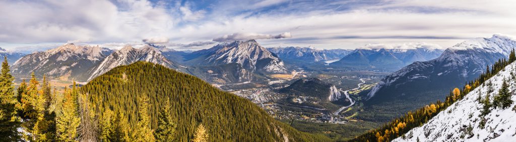 Snowy autumn panorama over Banff from Sulphur Mountain in the Rockies, Alberta, Canada