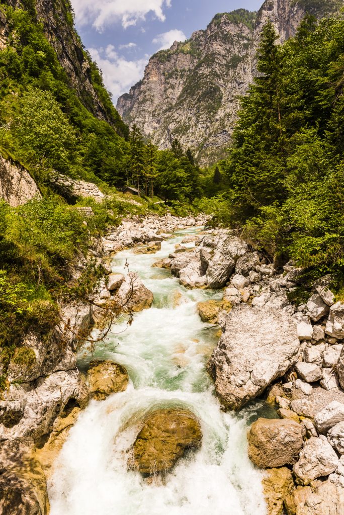 River and waterfalls in the Dolomite mountains at Cimolais, Friuli-Venezia Giulia, Italy
