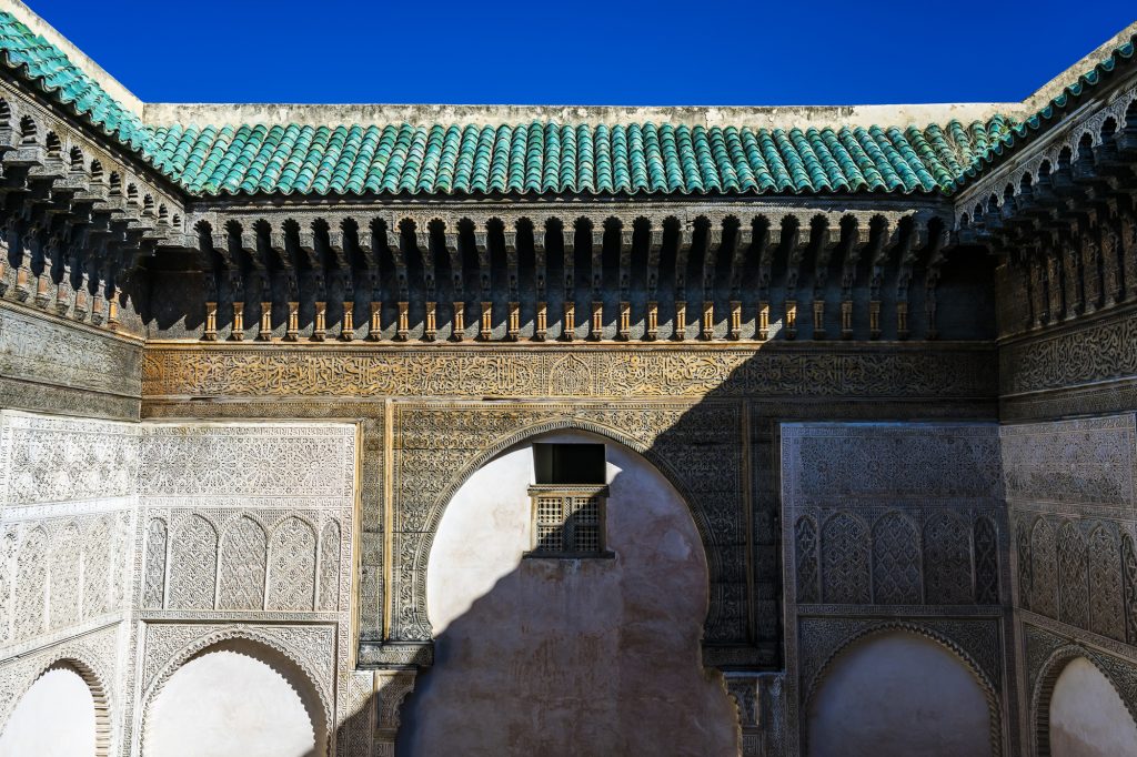 Shadows inside the Cherratine Madrasa (Islamic School) in Fes or Fez, Morocco
