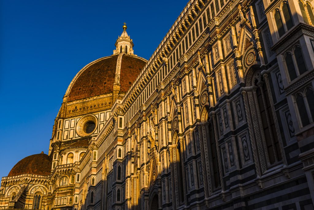 Sunset light on the dome of Florence Cathedral (Cathedral di Santa Maria del Fiore), or Duomo, Florence, Tuscany, Italy