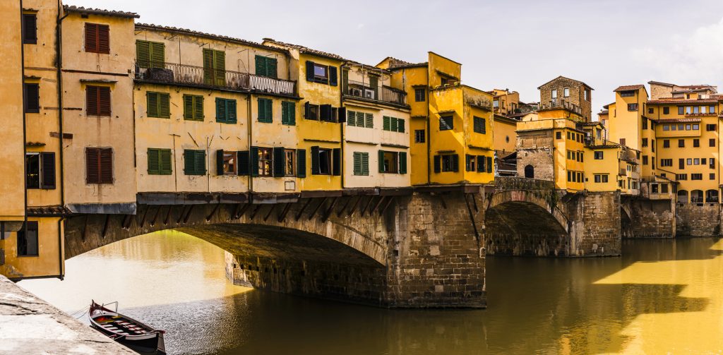 Panorama of the Ponte Vecchio bridge over the Arno River, Florence, Tuscany, Italy
