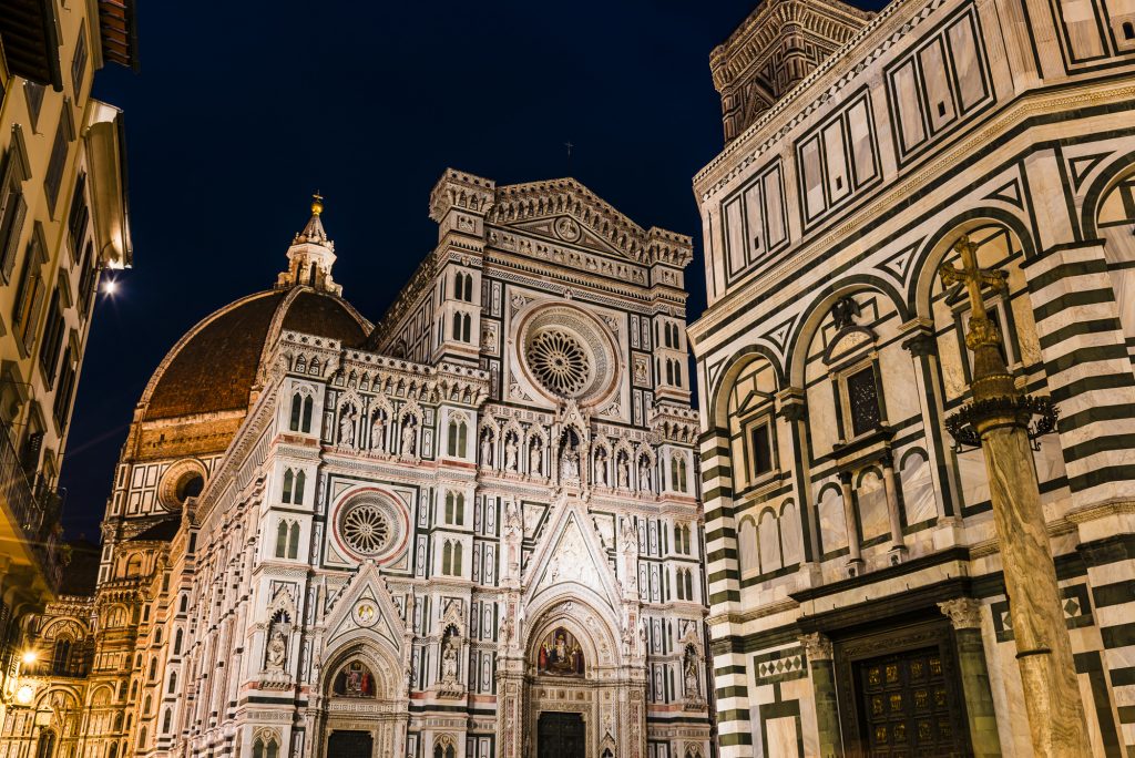 Long exposure at night of Florence Cathedral (Cathedral di Santa Maria del Fiore), or Duomo, Florence, Tuscany, Italy