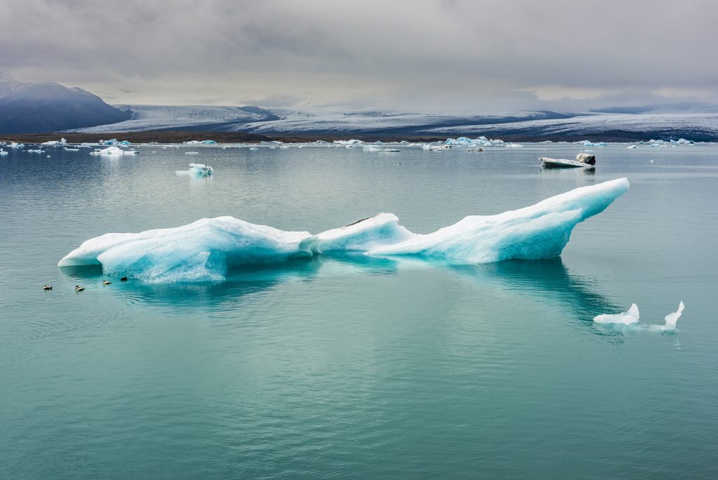 Iceberg on the lake at Jokulsarlon Lagoon in front of the Breidamerkurjokull glacier, Iceland