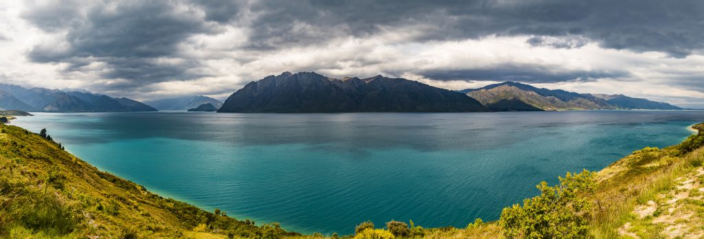 Panorama over the mountains and Lake Hawea, Otago, South Island, New Zealand