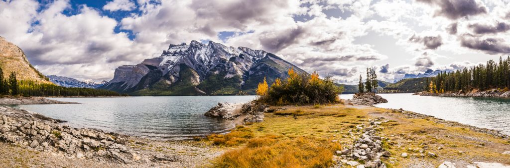 Autumn panorama at Lake Minnewanka in the Rocky Mountains near Banff, Alberta, Canada