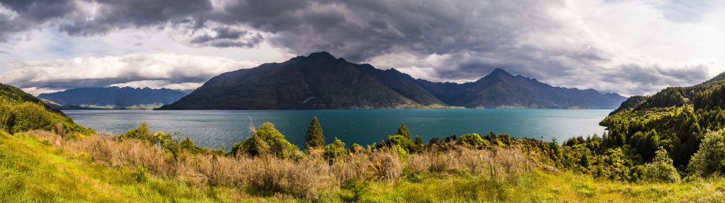 Panorama over the mountains and Lake Wakatipu, near Queenstown, Otago, South Island, New Zealand