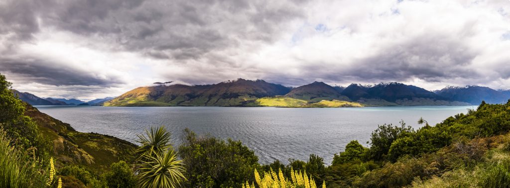 Panorama over the spring mountains and Lake Wanaka, Otago, South Island, New Zealand
