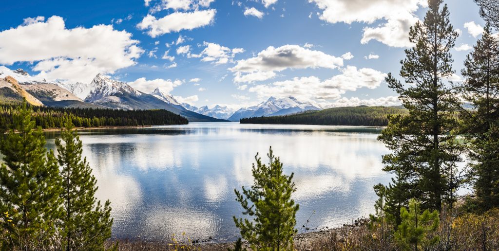 Panorama over Maligne Lake in the Rocky Mountains near Jasper, Alberta, Canada