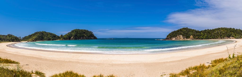 Panorama over the bay and sea at Matapouri Beach, Northland, North Island, New Zealand