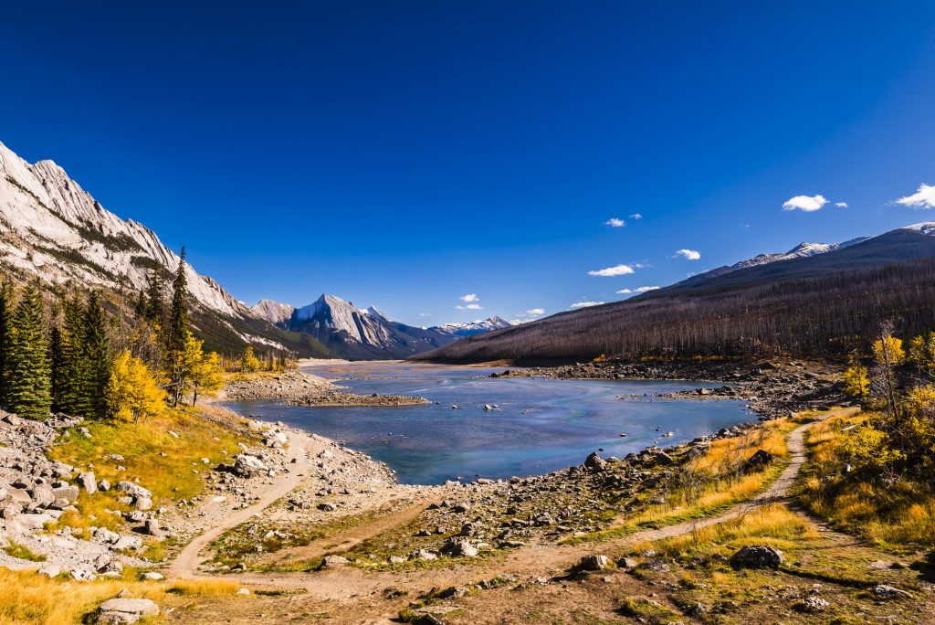Autumn at Medicine Lake in the Rocky Mountains near Jasper, Alberta, Canada