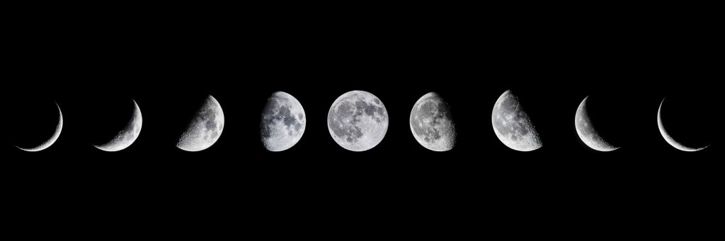 Composite panorama of nine moon phases, from new moon to full moon, taken in London and Cornwall