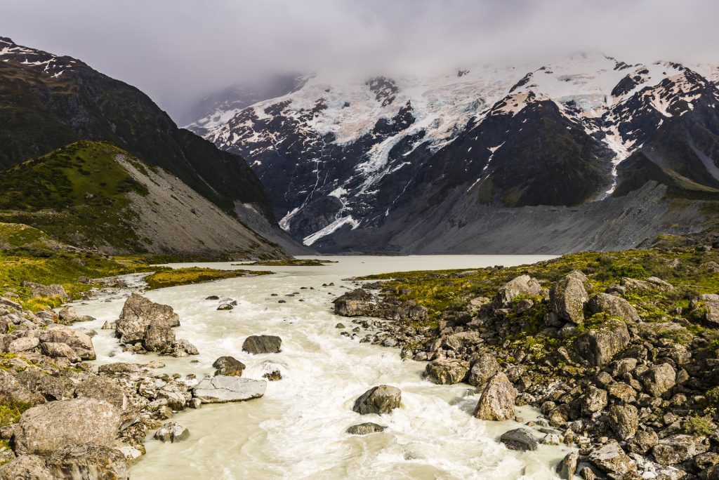 The Mueller Lake and glacier on the Hooker River near Mount Cook, Canterbury, South Island, New Zealand