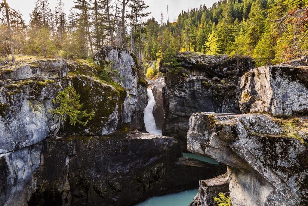 Autumn sunset at Nairn Falls and the Green River, in the Rocky Mountains, British Columbia, Canada