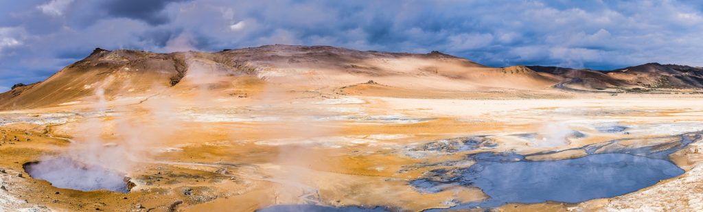 Panorama of the volcanic pools and water spouts at Namafjall Geothermal Area, Iceland