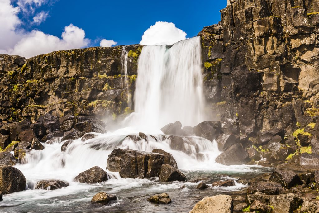The waterfall at Oxarafoss Falls in Thingvellir National Park, Iceland