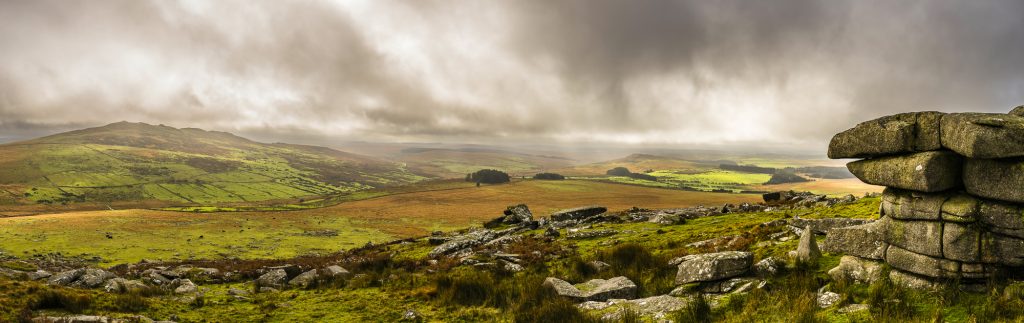 Panorama of stormy autumn day at Rough Tor, Bodmin Moor, near Camelford, Cornwall