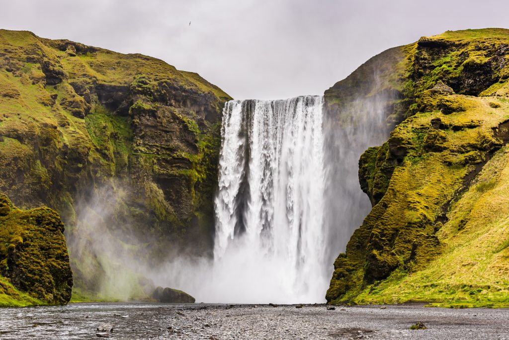 The famous waterfall at Skogafoss Falls on a stormy day, Iceland