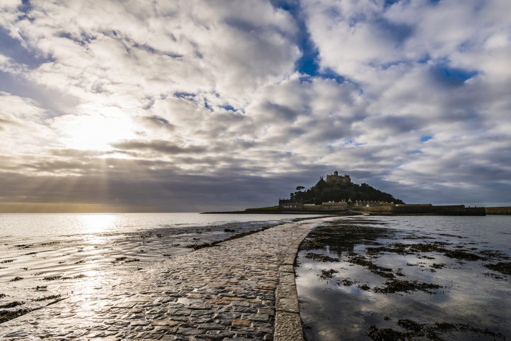 Winter sunlight over the causeway to St Michael's Mount, near Penzance, Cornwall