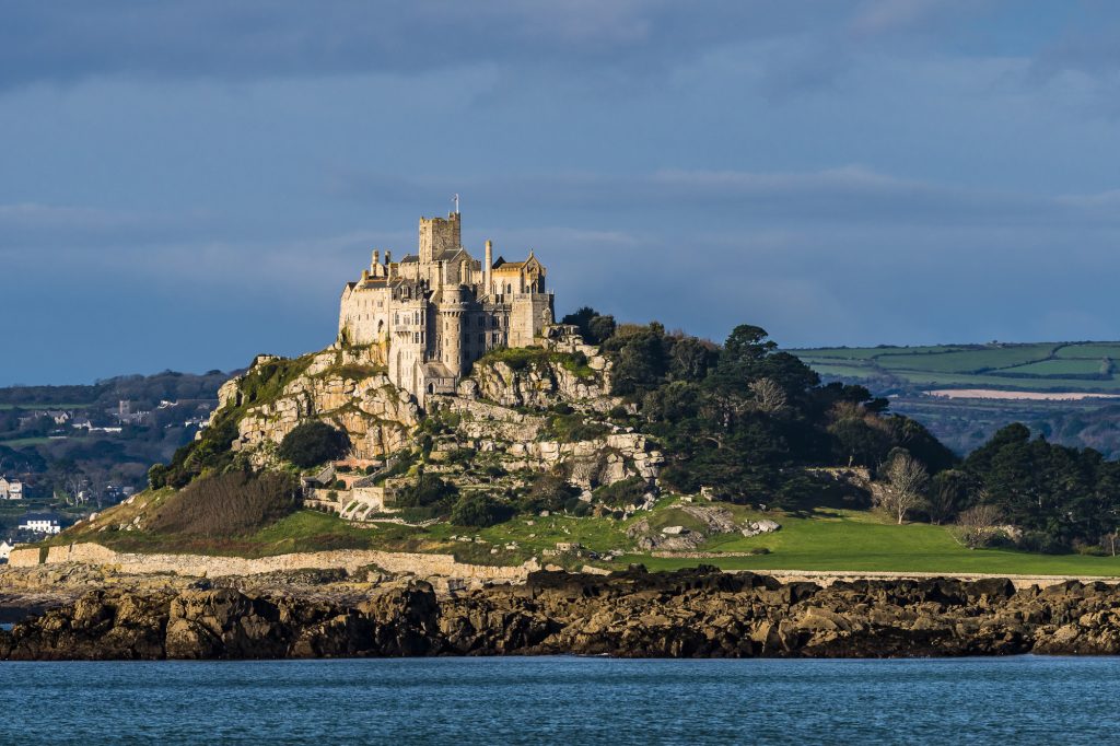 Close-up from Trevean Cove of St Michael's Mount, near Penzance, Cornwall