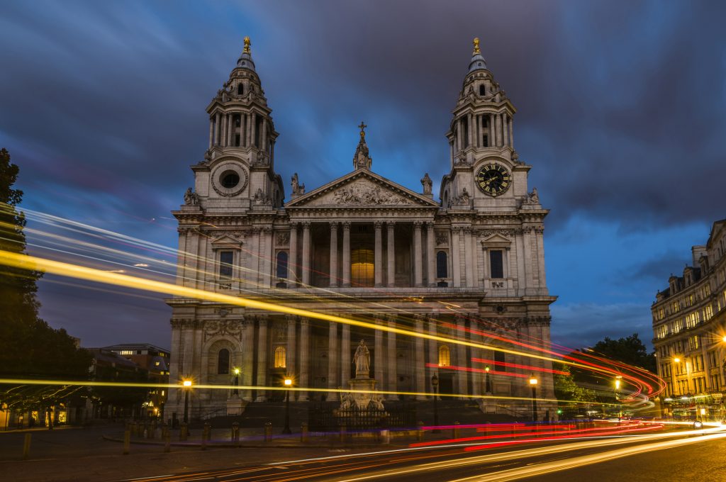 Light trails at dusk in autumn in front of St Paul's Cathedral, London