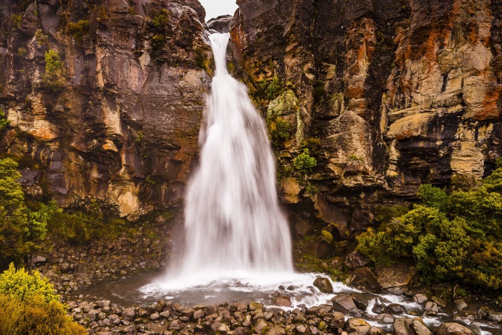 Long exposure of the Taranaki Falls and river in Tongariro National Park, Manawatu-Wanganui, North Island, New Zealand