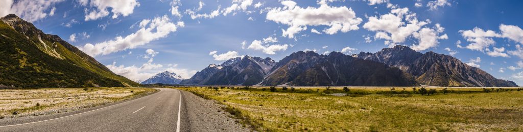 Panorama over the mountains in the Tasman River Valley, near Mount Cook, Canterbury, South Island, New Zealand