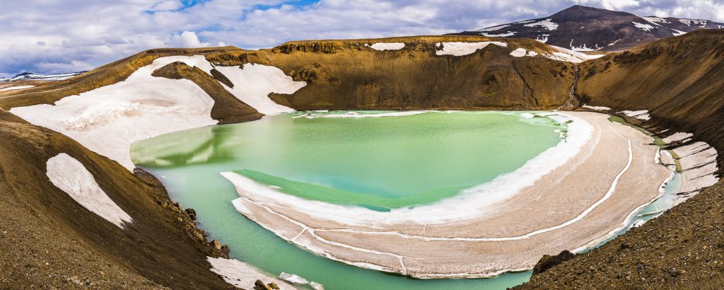 Panorama of the Viti Crater and lake at Krafla Volcano, Iceland