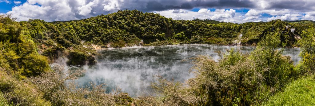 Panorama over Frying Pan Lake and Cathedral Rocks in Waimangu Volcanic Valley, near Rotorua, Bay of Plenty, North Island, New Zealand