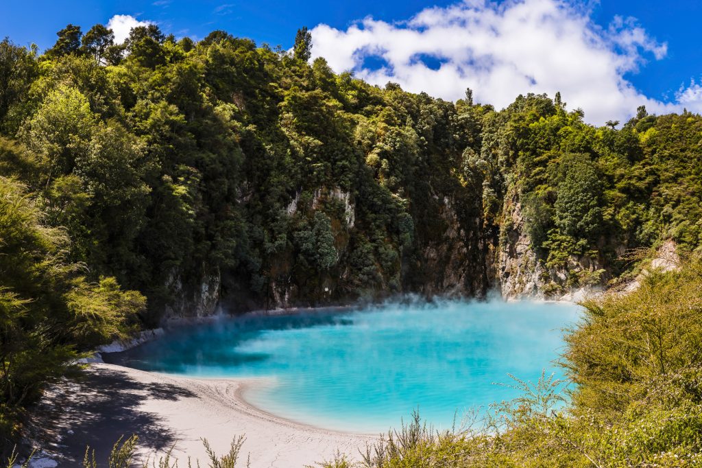 Inferno Crater Lake in Waimangu Volcanic Valley, near Rotorua, Bay of Plenty, North Island, New Zealand