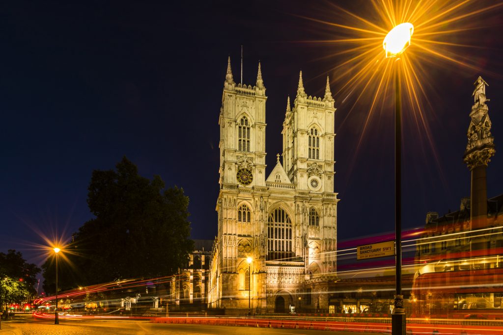 Long exposure at night with light trails at Westminster Abbey, London