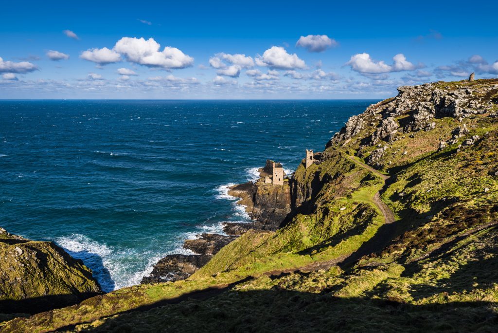 Early morning spring light over The Crowns engine houses at Botallack, Cape Cornwall, near Penzance