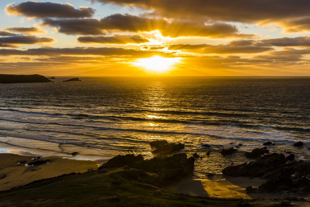 Autumn sunset over Fistral Beach, near Newquay, Cornwall
