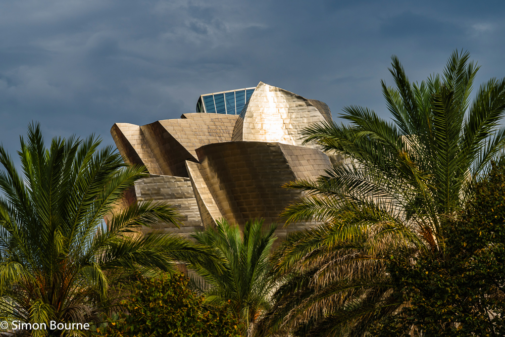 Late afternoon setting golden sun on the titanium cladding of the Guggenheim Museum in Bilbao, The Basque Country, Northern Spain