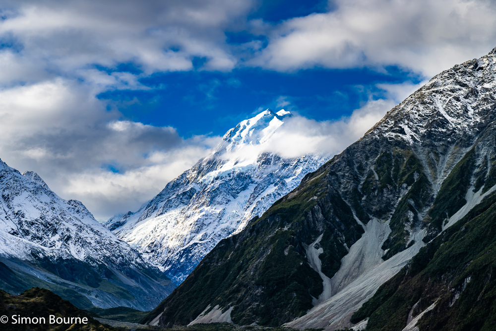 Late afternoon autumnal landscape and first snow at Mount Cook (Aoraki), Canterbury, South Island, New Zealand